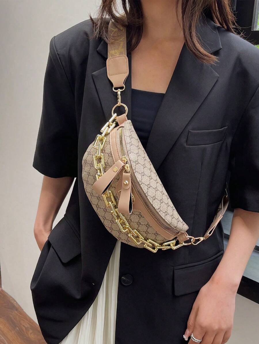 復古新款時尚女式壓克力鏈條斜挎腰包,復古百搭鱷魚圖案胸包,禮品,紅色