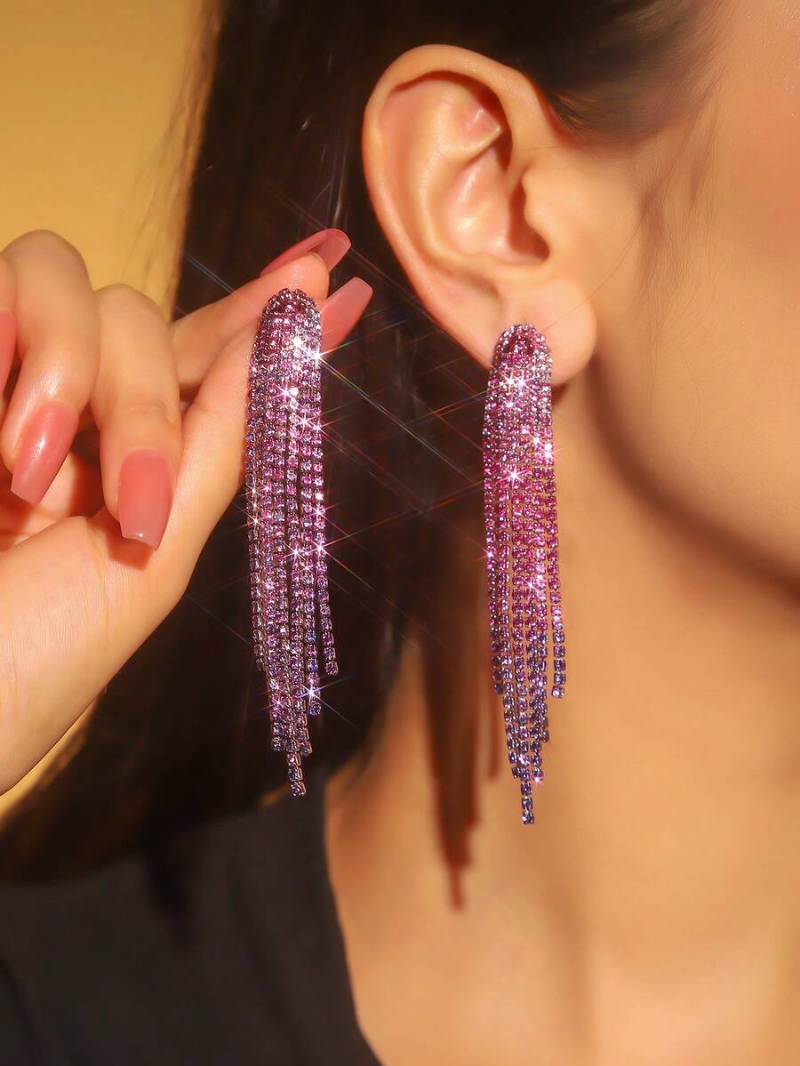 時尚長流蘇多色水晶耳環女士1對 - 淡紫色 - 查看 1