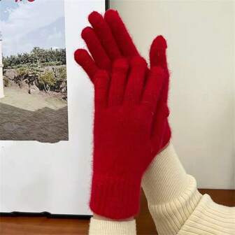 Cross-border Women's Winter Gloves, Windproof, Thickened, Solid Color, Simple Style, Fashionable, Knit, Fingers Exposed