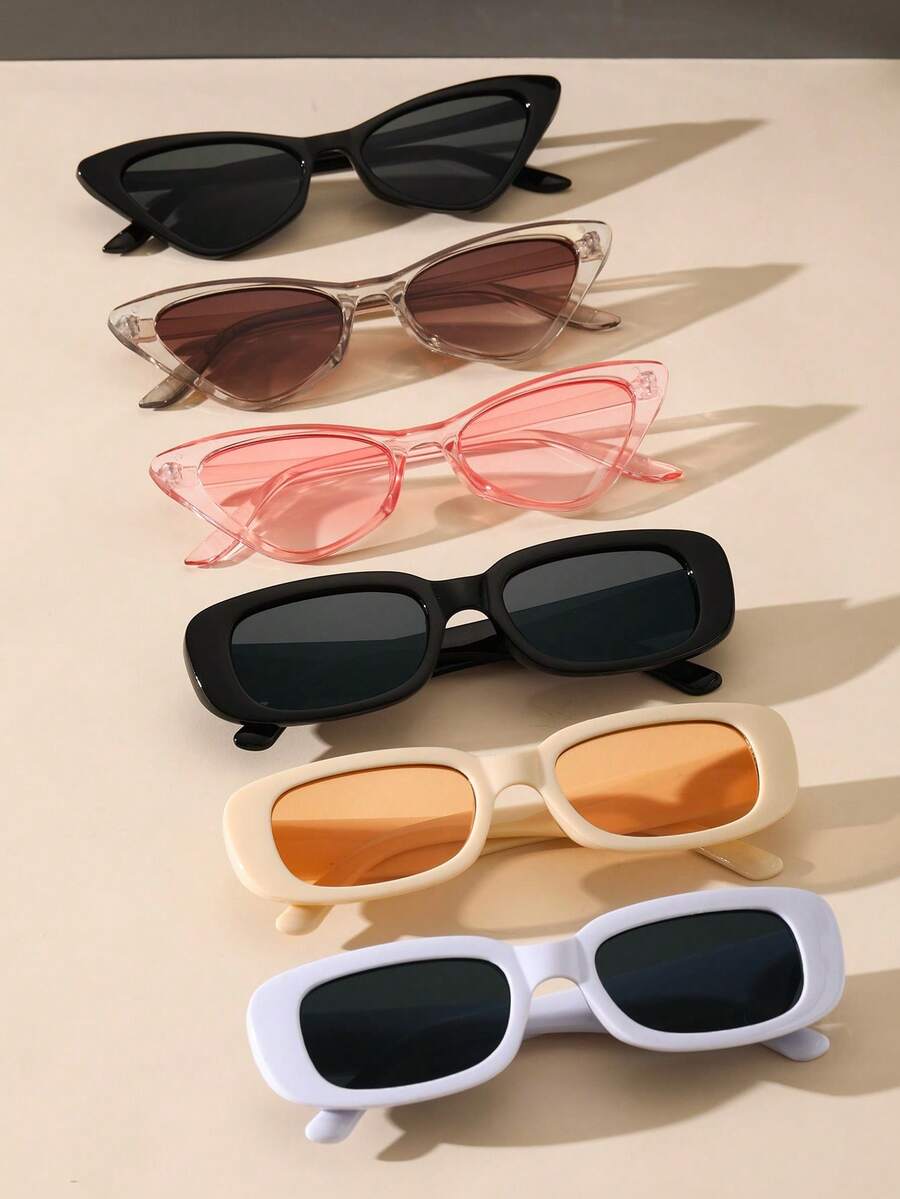 6 件装猫眼方形时尚黑白粉色 Y2K 眼镜女士旅行炫酷户外日常配饰