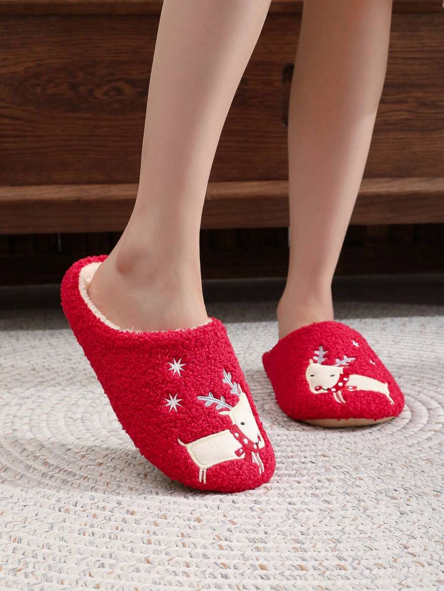 女士聖誕節紅色卡通鹿紋時尚室內拖鞋,軟防滑鞋底 - 紅色 - 查看 1