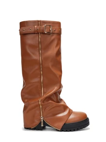 Women's Mid Calf Platform Boots With Fold Over Ruched Design, Chunky Heel, Round Toe, Wide Calf Pull On Style, Y2K Inspired Booties For Daily Wear And Parties - 棕色 - 查看 3