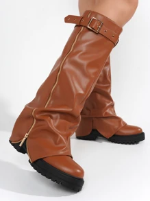 Women's Mid Calf Platform Boots With Fold Over Ruched Design, Chunky Heel, Round Toe, Wide Calf Pull On Style, Y2K Inspired Booties For Daily Wear And Parties - 棕色 - 查看 5