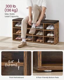 VASAGLE Shoe Bench With Cushion, Shoe Rack, Shoe Storage Bench With Padded Seat, Entryway Bench With 12 Compartments, Adjustable Shelves, For Bedroom, 11.9 X 40.9 X 18.9 Inches, White, Brown - 棕色 - 查看 3