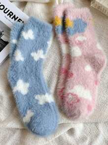 2 Pairs Cute Cartoon Thermal Thermal Lined Mid-Calf Socks - Multicolor - View 1