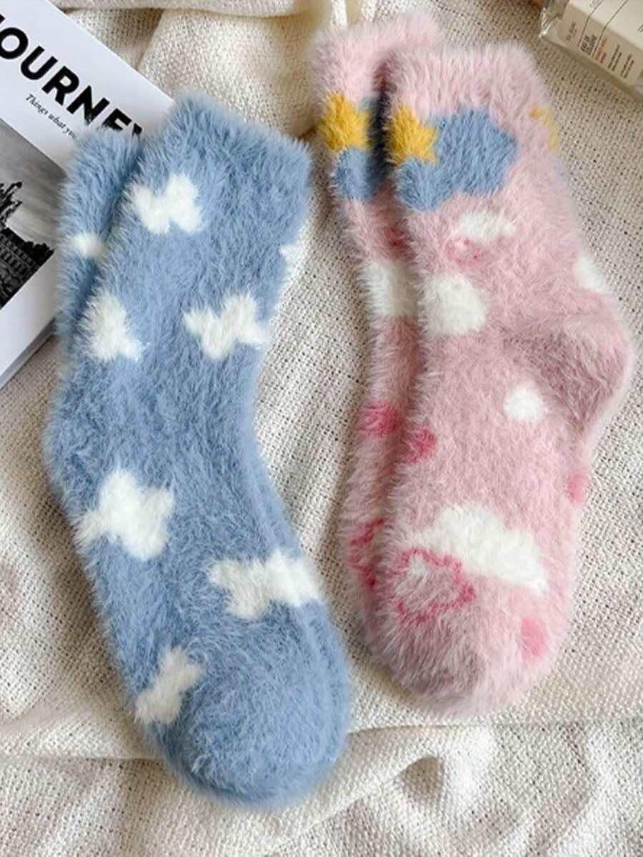 2 Pairs Cute Cartoon Thermal Thermal Lined Mid-Calf Socks - Multicolor - View 1