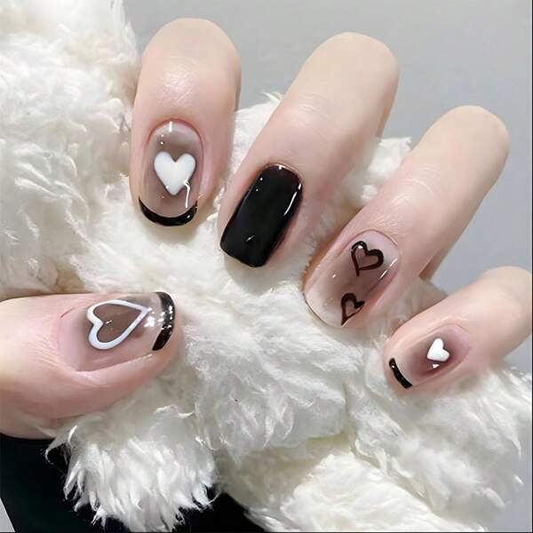 Upgrade Your Look With 24pcs Short Square Style Fashionable Personality French-tip Heart Design Full Coverage Nail Art Set For Parties, Dance Parties And Daily Wear