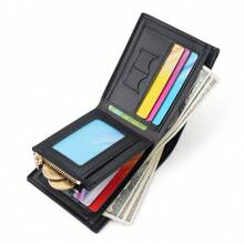 CarrKen 男士短款黑色商務錢包,具備多功能2摺鈔票夾、信用卡槽和拉鍊袋 - 黑色 - 查看 6