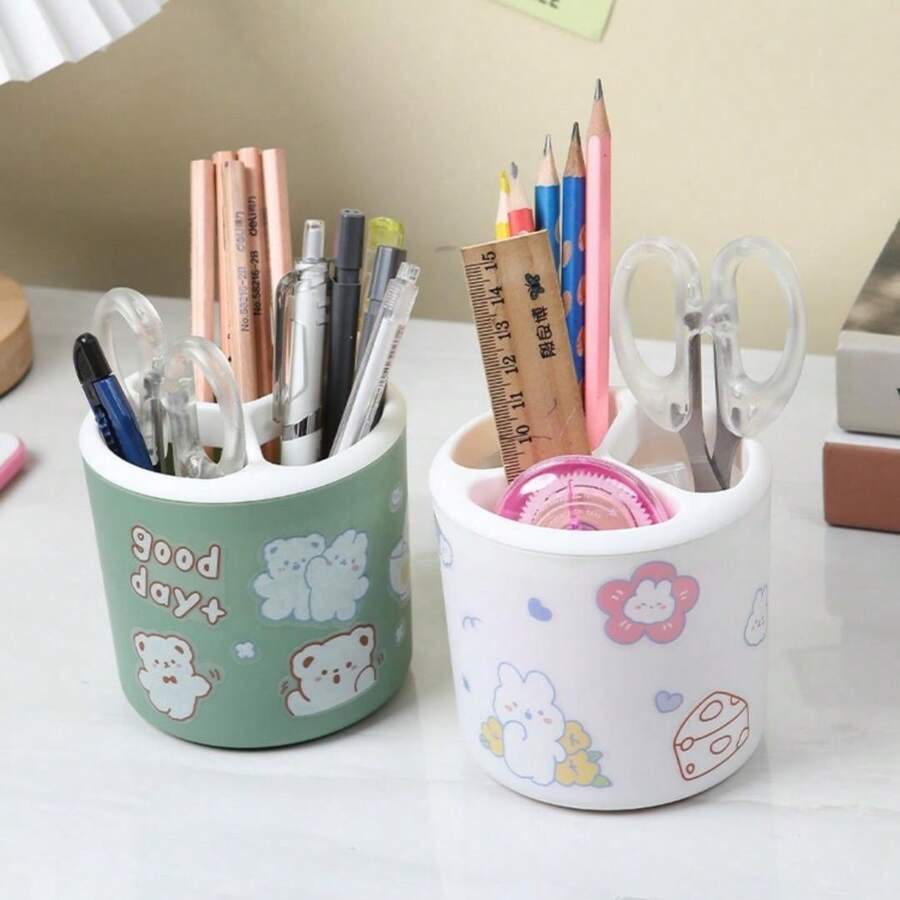 Desktop Multifunctional Round Pen Holder & Stationery Organizer For Office Or Study Room - Green - View 1