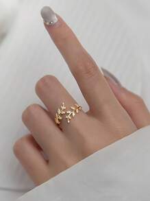1pc Chic Zirconia & Rhinestone Decor Leaf & Branch Shaped Adjustable Open Ring For Women With Opening Design On One Side - Yellow Gold - View 8