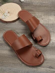 Women's Casual Flat Slippers With Toe Ring, Round Open Toe Anti-slip Slides, Outdoor Beach Sandals