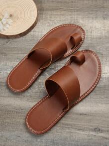 Women's Casual Flat Slippers With Toe Ring, Round Open Toe Anti-slip Slides, Outdoor Beach Sandals