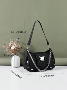 Y2K Biker Style Handbag With 3 Straps, Fashionable Faux Leather Casual Shoulder Bag With Heart Decoration, Versatile Crossbody Bag Suitable For Women, Girls, Students, Etc. - 黑色 - 查看 2