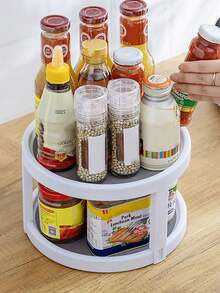 Double-layer Kitchen Storage Tray Spice Rack Condiment Organizer, Oil, Salt, Vinegar Holder, Multifunctional Round 2-tier Shelf, For Countertop Organization - White - View 3