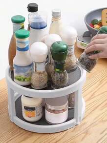 Double-layer Kitchen Storage Tray Spice Rack Condiment Organizer, Oil, Salt, Vinegar Holder, Multifunctional Round 2-tier Shelf, For Countertop Organization - White - View 7