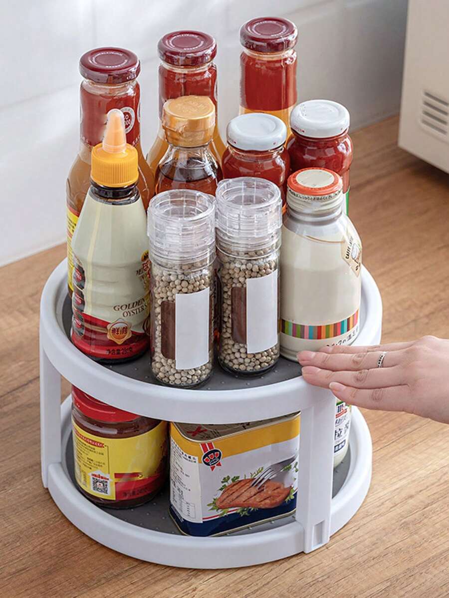 Double-layer Kitchen Storage Tray Spice Rack Condiment Organizer, Oil, Salt, Vinegar Holder, Multifunctional Round 2-tier Shelf, For Countertop Organization - White - View 1
