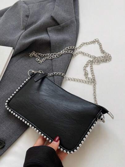 Bolso de mensajero de mujer de unicolor retro simple, con decoración de cuentas y correa de hombro de cadena de metal, bolso de hombro personalizado de moda y elegante, sobre exquisito y elegante, adecuado para fotos diarias, compras y comidas