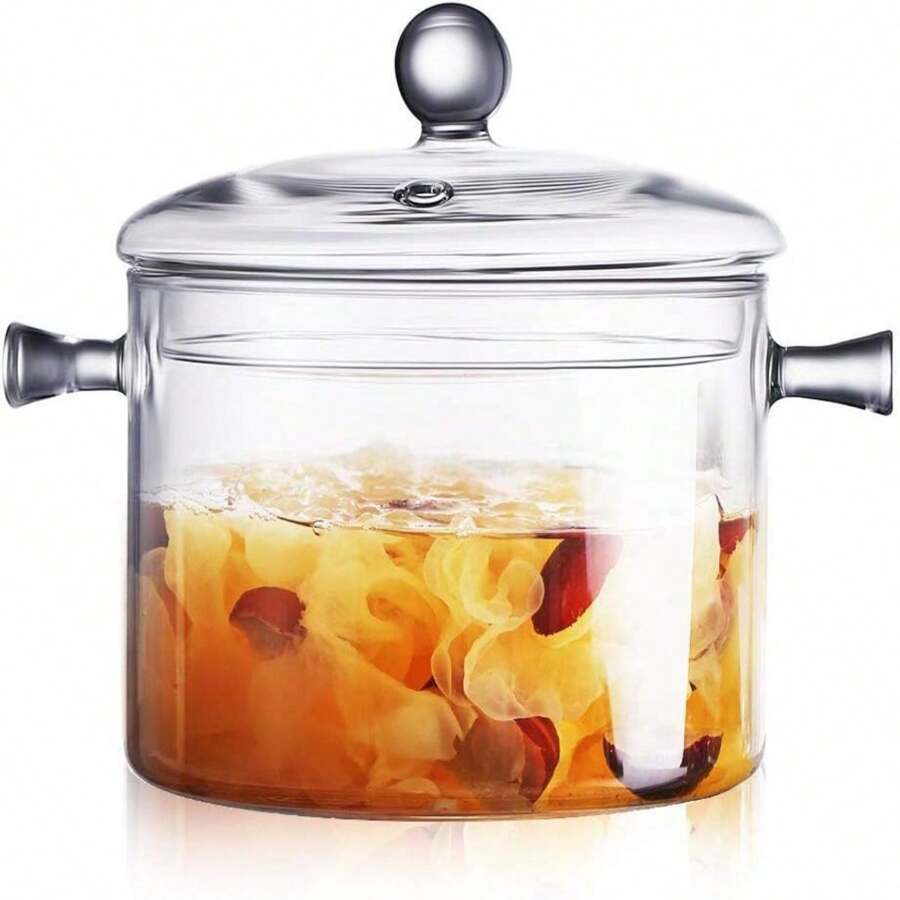 1入組1500毫升(50盎司)玻璃煮食鍋具，具備耐熱硼矽酸鹽玻璃烹飪鍋具及爐頭鍋具套裝-帶蓋燉鍋，安全適用於湯、牛奶、嬰兒食品 - 透明 - 查看 1