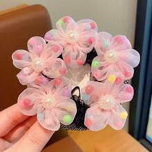 1入童裝珍珠花朵髮網髮髻套,適用於表演、節日,可裝飾可愛的髮飾