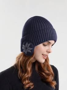 1 件女士针织无檐便帽，带保暖内衬和加厚耳罩，冬季秋季 - 藏蓝色 - 查看 3