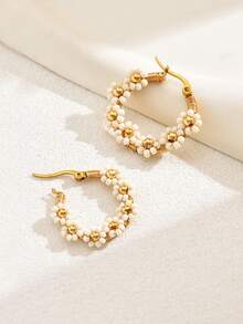 1對甜美波西米亞風格手工編織花卉設計復古圈形耳環,女性休閒、約會、贈品、節日皆適用