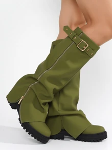 Women's Mid Calf Platform Boots With Fold Over Ruched Design, Chunky Heel, Round Toe, Wide Calf Pull On Style, Y2K Inspired Booties For Daily Wear And Parties - 橄欖綠 - 查看 4