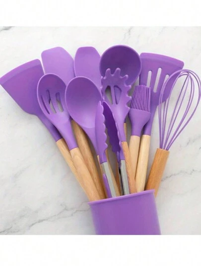 FANOVA Set 12 espatulas utensilios de cocina de silicona con mango de madera