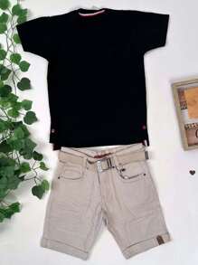 Young Boys Sets - Áo phông đen và quần short màu be - Xem 2