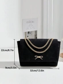 一件代发秋冬百搭简约拍照约会通勤金属蝴蝶结装饰纯色仿麂皮磁扣金属链条翻盖单肩腋下包方包女 - 查看 2