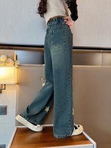 Tween Girl 五角星图案牛仔裤阔腿裤，春秋款 1 件 - 藍色 - 查看 5