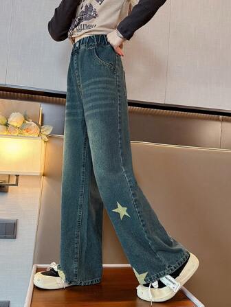Tween Girl 五角星图案牛仔裤阔腿裤，春秋款 1 件