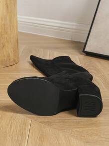 女士时尚粗跟过膝牛仔裙靴，春秋季，一脚蹬弹力紧身靴，冬季，及膝粗跟复古马靴 - 黑色 - 查看 6