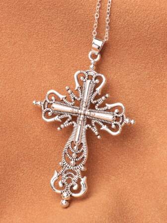 件鋅合金古董鍍銀鏤空十字架吊墜項鍊，感恩節項鍊，2 種顏色可選