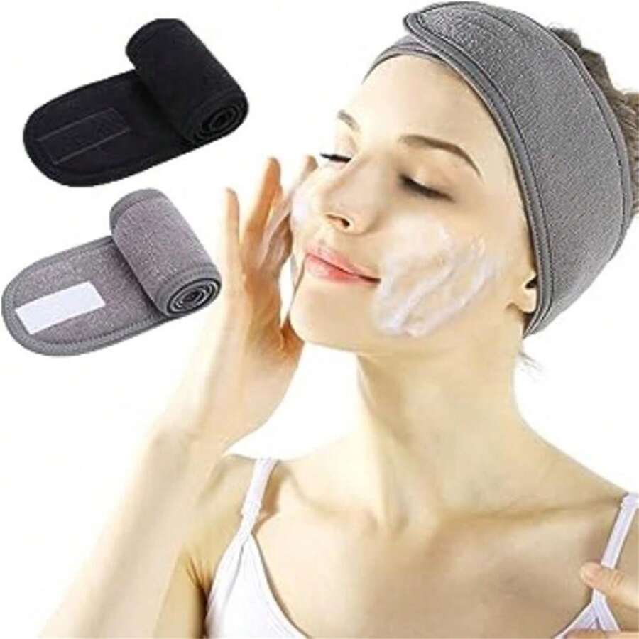 2入組女士針織毛巾Spa魔術貼吸水頭巾，柔軟調節面洗頭帶，附彈性髮帶和魔術貼，臉部/淋浴面膜/瑜珈頭帶套裝（灰色+黑色）