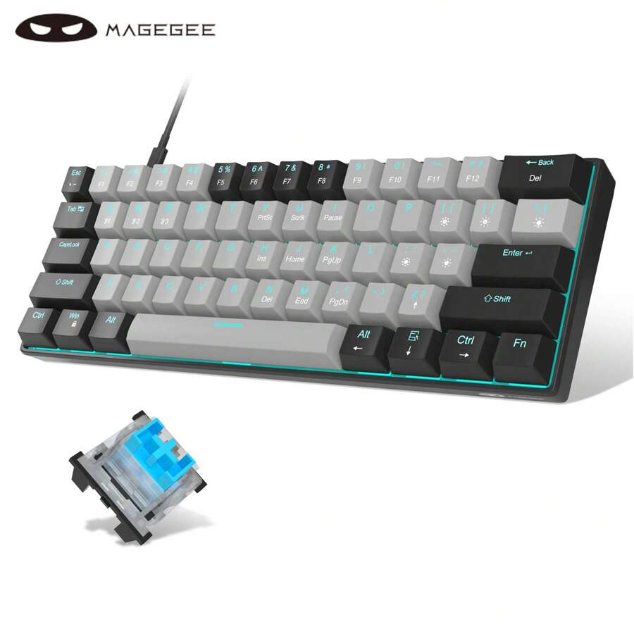 MagGee MK-Star61 迷你 60% 機械式鍵盤 61 鍵有線 LED 背光緊湊型遊戲鍵盤小型多設備鍵盤便攜式鍵盤帶燈適用於筆記型電腦、桌上型電腦、電腦、PC 黑色灰藍色開關