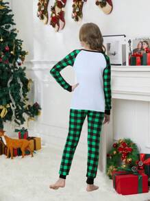 2pcs Young Girl Family Christmas Tree & Checkered Printed  Homewear Snug Fit Pajamas Set With Leggings - White - View 3