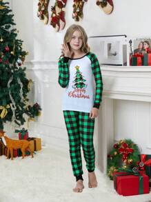 2pcs Young Girl Family Christmas Tree & Checkered Printed  Homewear Snug Fit Pajamas Set With Leggings - White - View 5