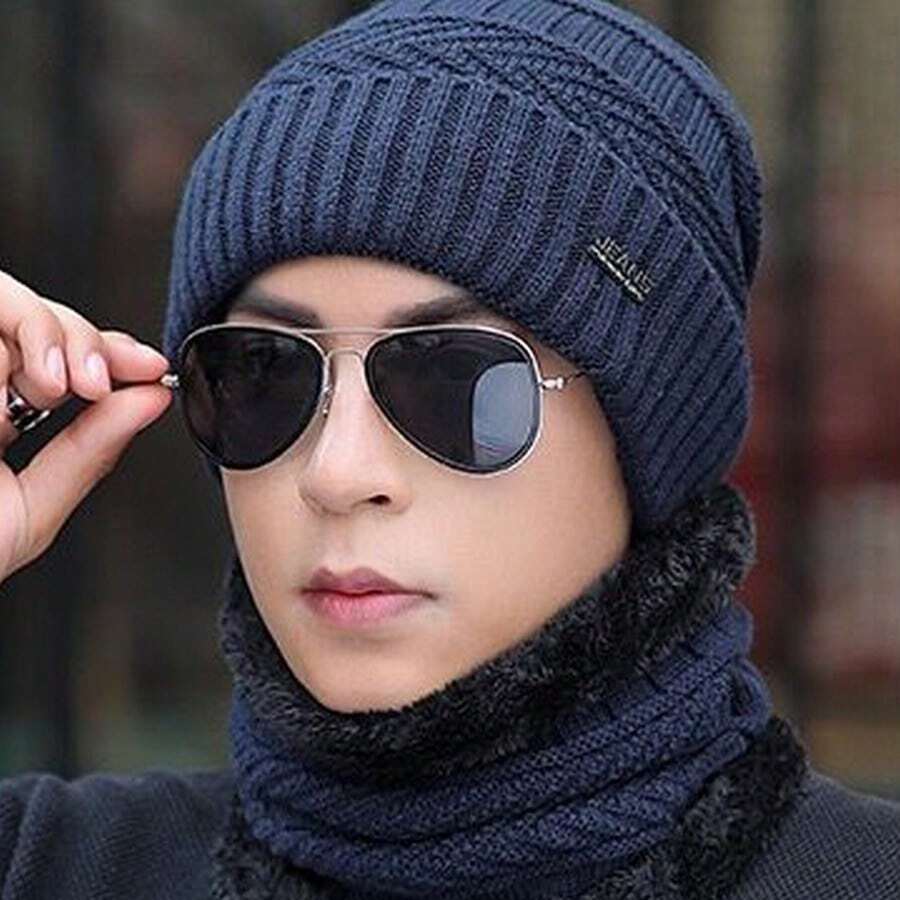 1入組保暖時尚舒適的男女冬季針織毛帽和圍巾套裝,適用於冬季使用 - 藏蓝色 - 查看 1