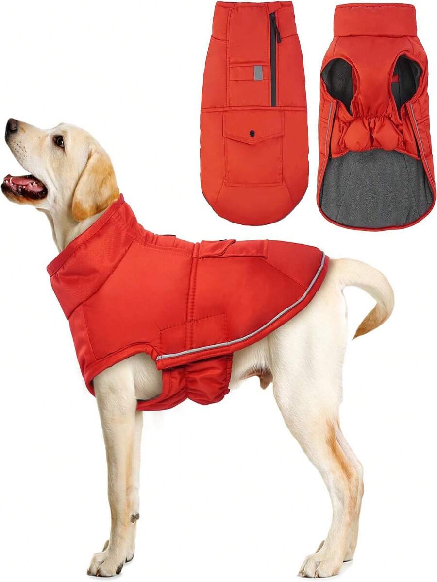 1 件紅色狗狗冬季夾克,防水、保暖、舒適羊毛襯裡,適合中小型犬,附反光背心和背帶孔設計,寵物衣服毛衣 (xs-xxl) - 紅色 - 查看 1