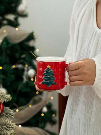 1pc 380ml Christmas Mug, Ceramic Coffee Cup With Spoon, Creative Cartoon Cute Gift For Girls