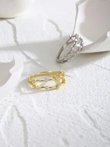 LEKANI 1 件 S925 純銀金戒指,簡約別緻優雅的設計,帶有精緻蝴蝶和雙層裝飾,是日常佩戴送給朋友或女朋友的完美禮物 - 金色 - 查看 6