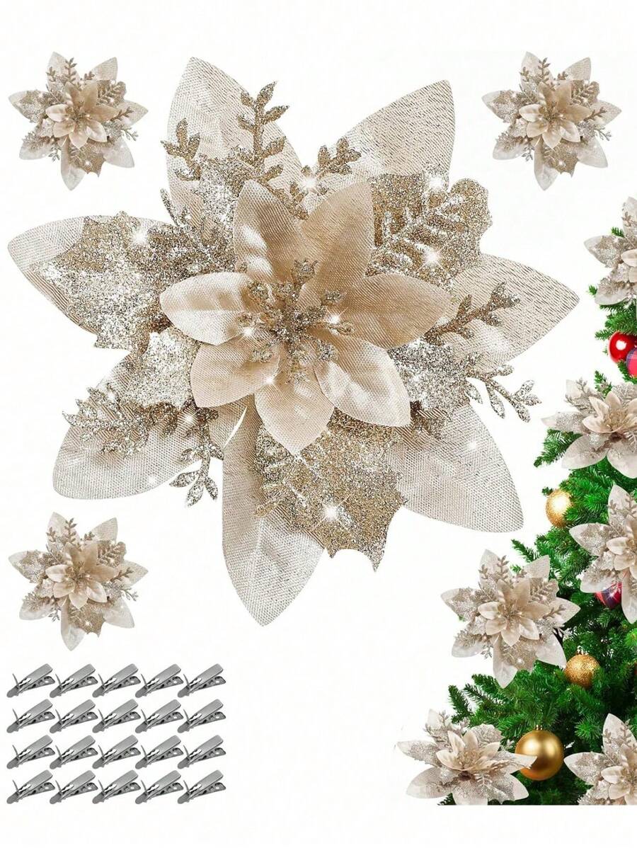 4pcs 14cm Glitter Artificial Christmas Flowers Xmas Tree Ornaments Merry Christmas Decorations For Home New Year Gifts Christmas