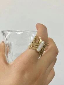 1枚18k歐美風格復古不鏽鋼葉形橢圓玻璃石戒指,男女適用,派對禮物,旅行配飾 - 金黃色 - 查看 1