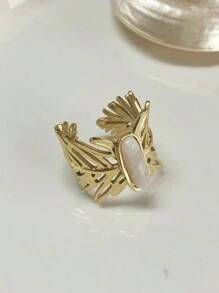 1枚18k歐美風格復古不鏽鋼葉形橢圓玻璃石戒指,男女適用,派對禮物,旅行配飾 - 金黃色 - 查看 2