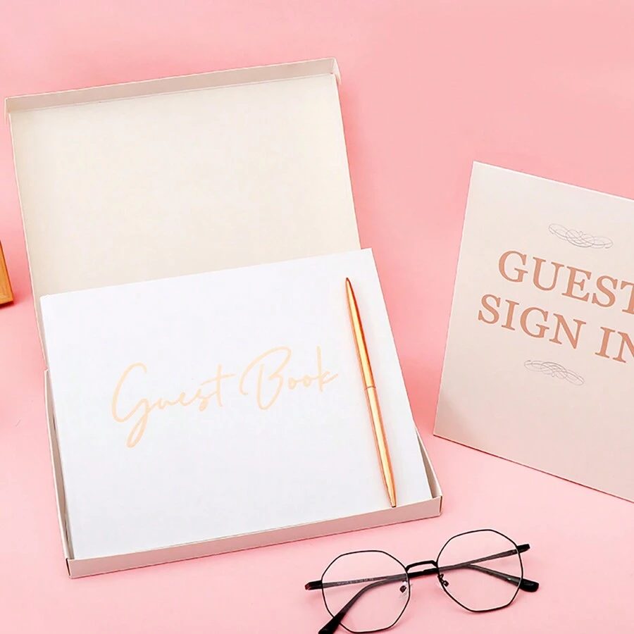 1pc Guestbook Notebook For Messages, Wedding Guest Register Book With Pen, Gift Boxed - White - View 1