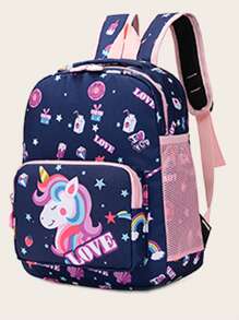 1个可爱卡通迷你背包，萌系独角兽设计书包，彩虹色背包，卡哇伊卡通书包，女童单肩包，背包 - 藍色 - 查看 6