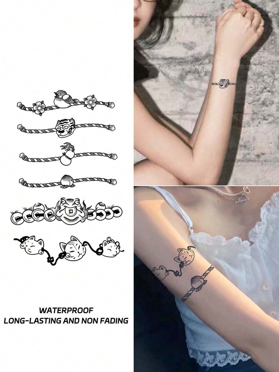 1入組卡通手環紋身貼紙,防水不反光臨時性紋身貼紙,適用於女士手臂或肩膀 - 黑色 - 查看 1