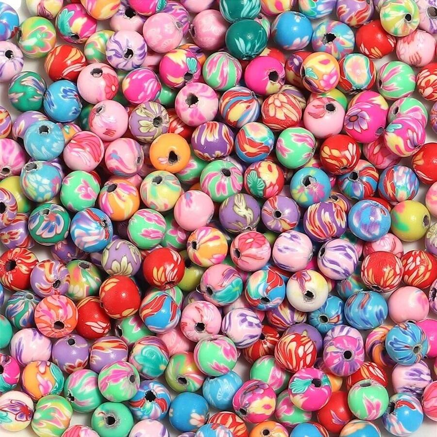 50粒/包diy聚合物粘土印花珠子,多彩聚合物粘土珠子,手鍊項鍊珠子,散珠