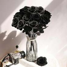 4PCS Single Artificial Silk Roses Flowers Bulk Fake Single Stem Blooming Roses for DIY Floral Arrangement Table Centerpiece Wedding Bouquet Home Decoration (Black) - Black - View 3