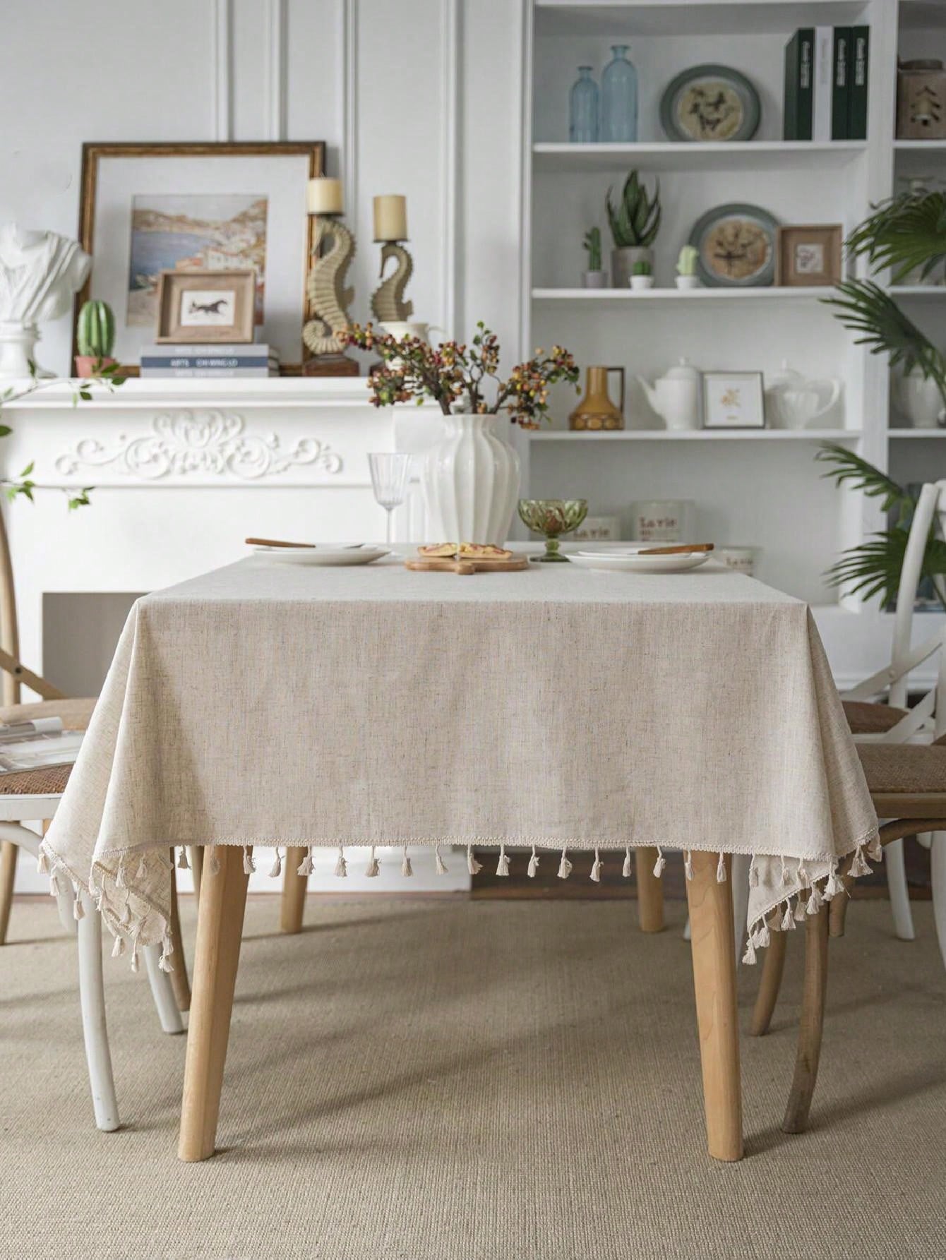 1pc American Bohemian Bamboo Knot Linen Rectangular Tablecloth, Fringed, Beige Color, Suitable ...